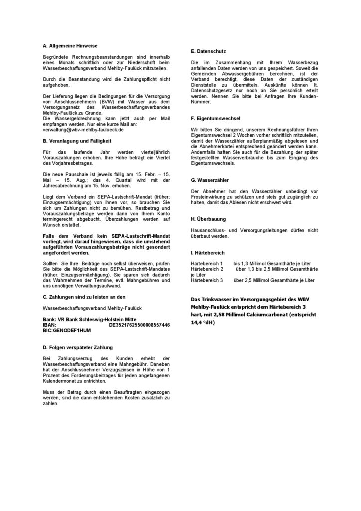 Rückseite Wasserrechnung WBV-Melhby-Faulück